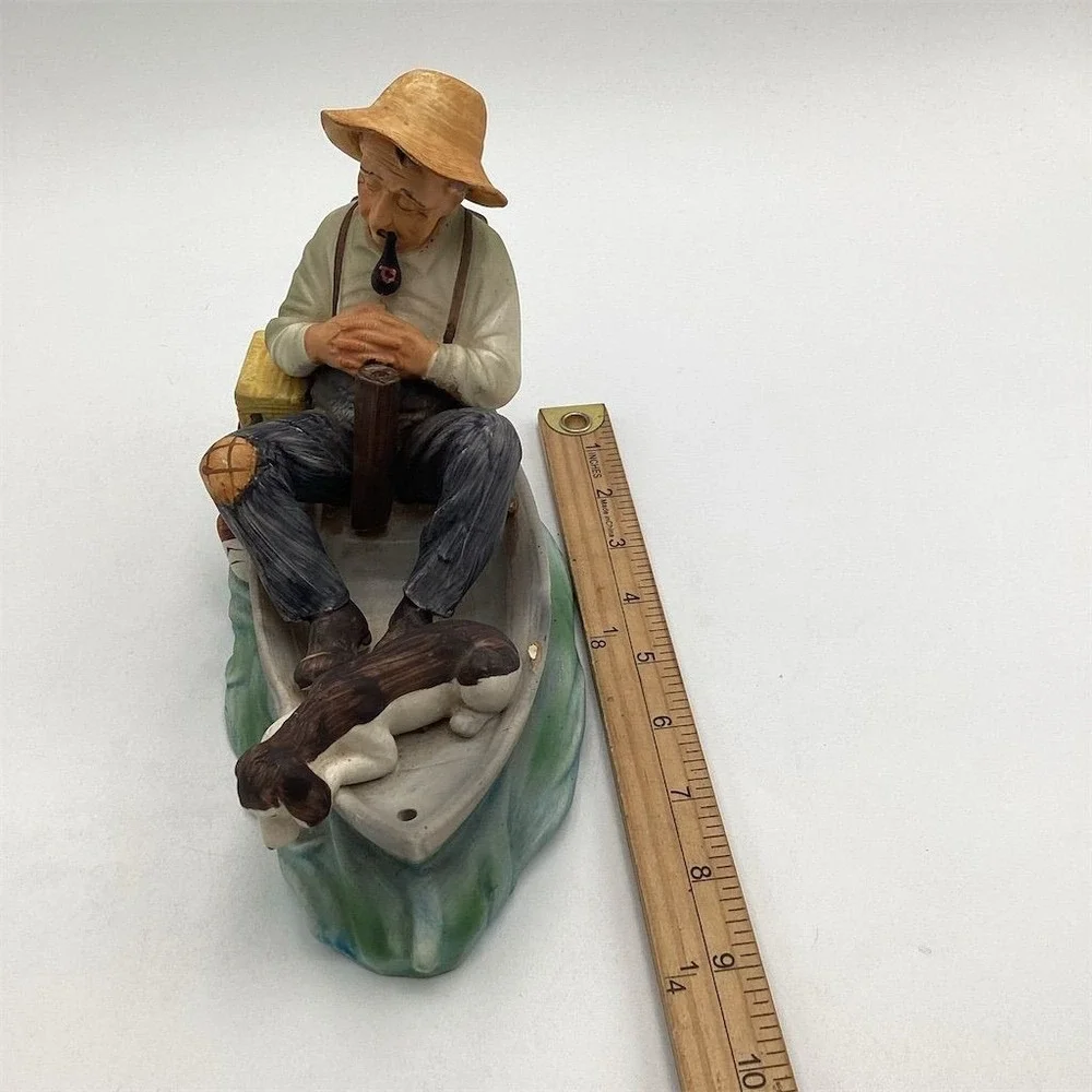 Vintage Ceramic Sleeping‎ Fisherman with Dog Figurine Nautical Decor